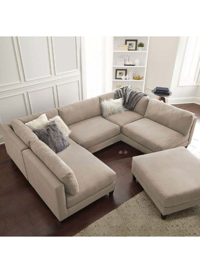 Al Zakharef Furniture Arman Modern U-Shape Linen Fabric Sectional Sofa with Ottoman – Soft Linen Upholstery, Deep Cushioned Seating, Luxury Living Room Sofa Set – Beige - Image 4